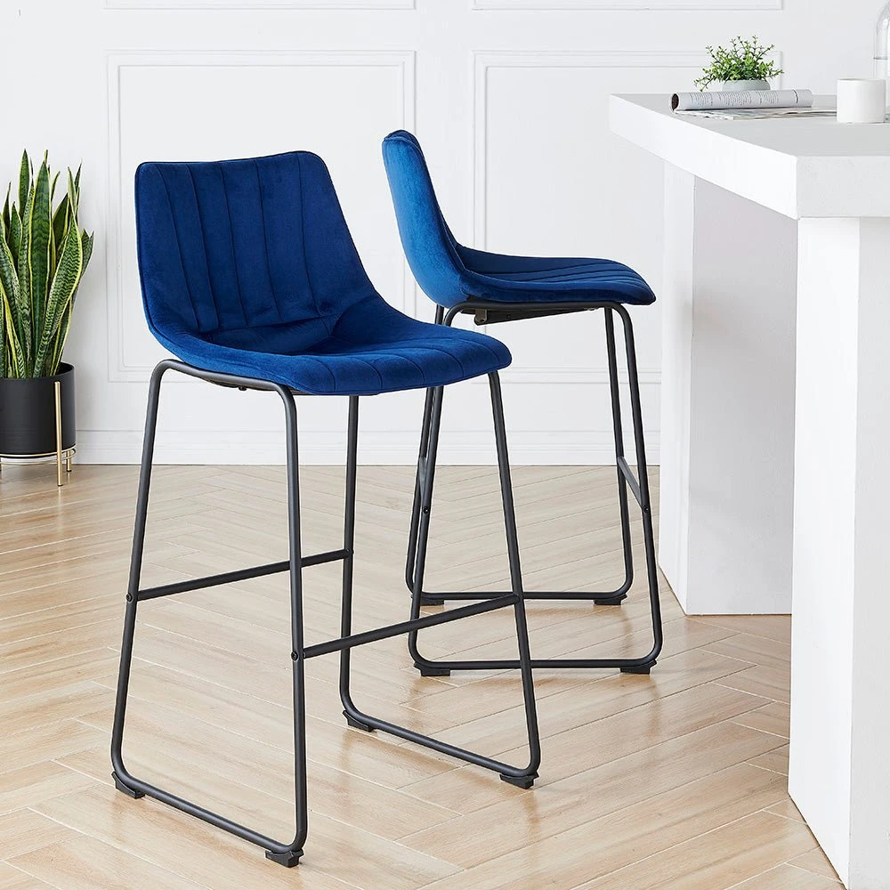 Sutton Set Of 2 Barstools With Fluted Back (Blue Velvet) 1 Sutton Set Of 2 Barstools With Fluted Back (Blue Velvet)