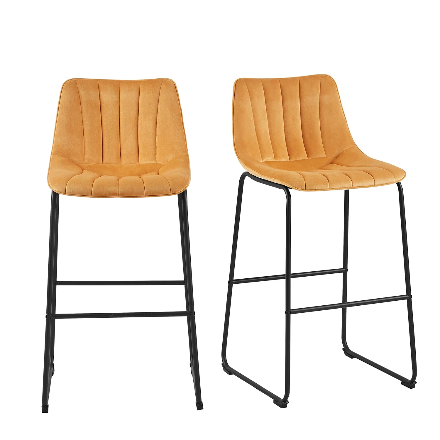 Sutton Mustard Velvet Set of 2 Barstools - Fluted Back Contemporary Kitchen Chairs 2 Sutton Mustard Velvet Set of 2 Barstools - Fluted Back Contemporary Kitchen Chairs - Image 2