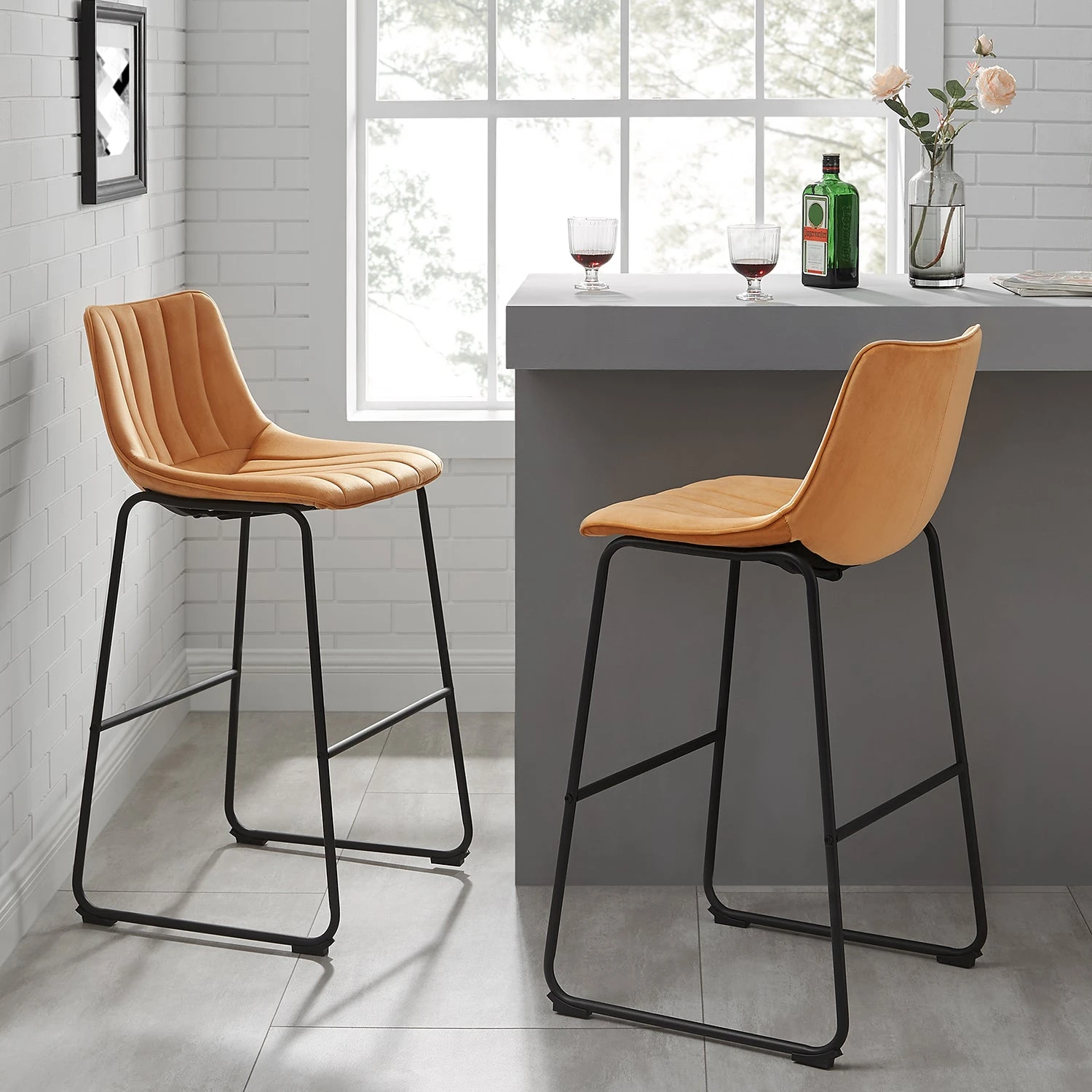 Sutton Mustard Velvet Set of 2 Barstools - Fluted Back Contemporary Kitchen Chairs 1 Sutton Mustard Velvet Set of 2 Barstools - Fluted Back Contemporary Kitchen Chairs