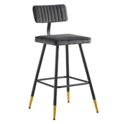 Charlecote Dark Grey Velvet – Fluted Back Industrial Bar Stools with Gold Leg Tips (Set of 2) -Daals Store BCH 2127 DARKGREY VEL 2P WB2