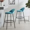 Barton Set Of 2 Blue Velvet Upholstered Bar Stools With Contrast Piping