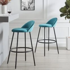 Barton Set Of 2 Blue Velvet Upholstered Bar Stools With Contrast Piping