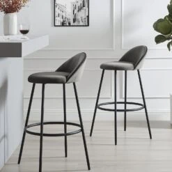 Barton Set Of 2 Grey Velvet Upholstered Bar Stools With Contrast Piping