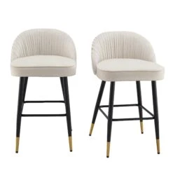 Miyae Set Of 2 Pleated Champagne Beige Velvet Upholstered Counter Stools -Daals Store BCH 2148 CHAMP VEL 2P WB1