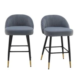 Miyae Set of 2 Light Grey Velvet Pleated Counter Stools – Gold-Tipped Black Legs -Daals Store BCH 2148 LIGHTGREY VEL 2P WB1