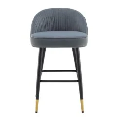 Miyae Set of 2 Light Grey Velvet Pleated Counter Stools – Gold-Tipped Black Legs -Daals Store BCH 2148 LIGHTGREY VEL 2P WB2
