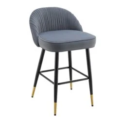 Miyae Set of 2 Light Grey Velvet Pleated Counter Stools – Gold-Tipped Black Legs -Daals Store BCH 2148 LIGHTGREY VEL 2P WB3