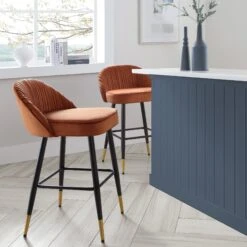 Miyae Set Of 2 Pleated Burnt Orange Velvet Upholstered Counter Stools