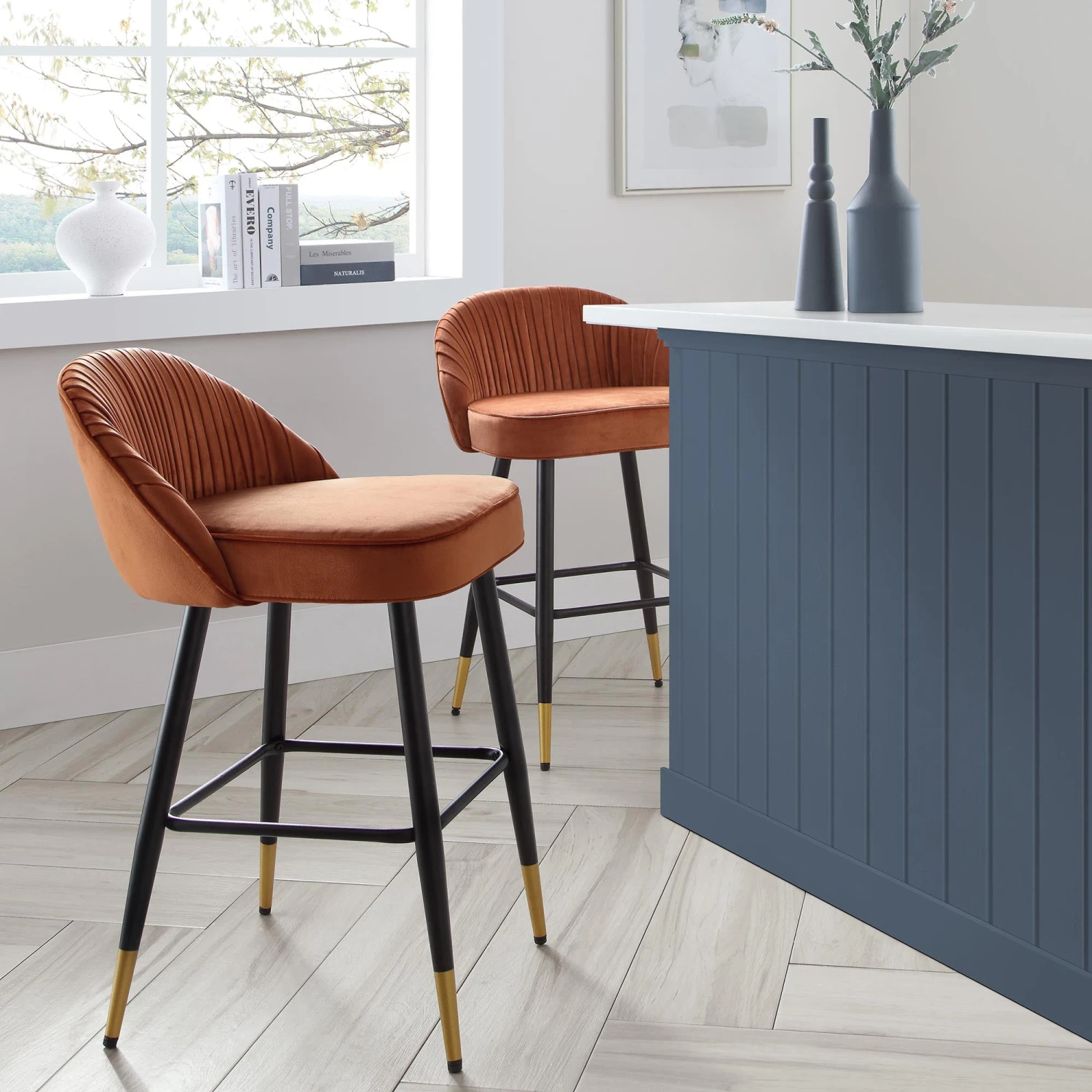 Miyae Set Of 2 Pleated Burnt Orange Velvet Upholstered Counter Stools 1 Miyae Set Of 2 Pleated Burnt Orange Velvet Upholstered Counter Stools