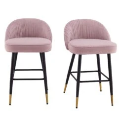Miyae Set of 2 Pale Pink Velvet Pleated Counter Stools – Luxury Kitchen Chairs with Gold Accents -Daals Store BCH 2148 PINK VEL 2P WB1