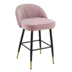 Miyae Set of 2 Pale Pink Velvet Pleated Counter Stools – Luxury Kitchen Chairs with Gold Accents -Daals Store BCH 2148 PINK VEL 2P WB3