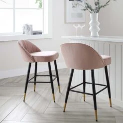 Miyae Set of 2 Pale Pink Velvet Pleated Counter Stools – Luxury Kitchen Chairs with Gold Accents -Daals Store BCH 2148 PINK VEL 2P scene1