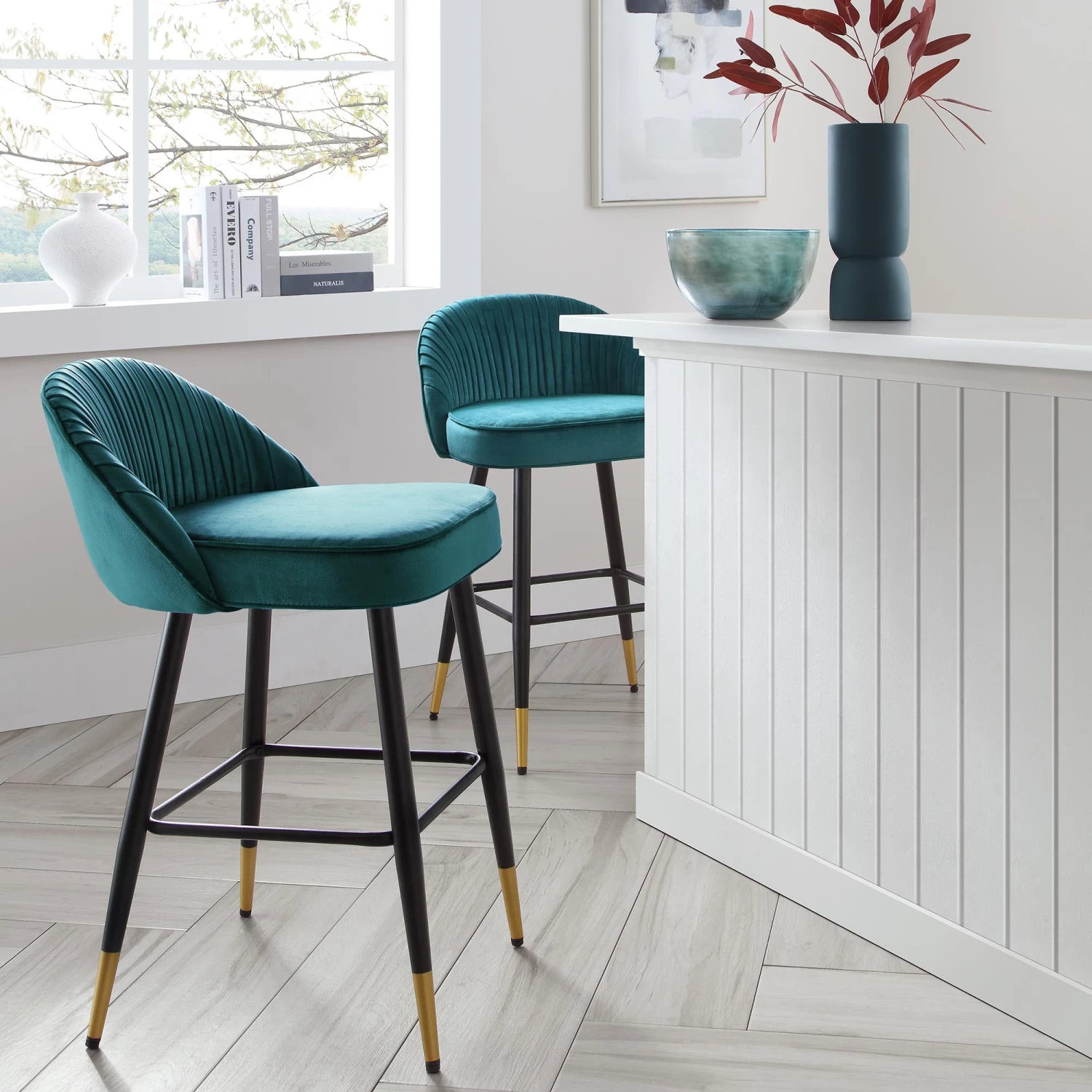 Miyae Set Of 2 Pleated Teal Velvet Upholstered Counter Stools 1 Miyae Set Of 2 Pleated Teal Velvet Upholstered Counter Stools