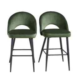 Oakley Set of 2 Dark Green Velvet Counter Stools - Curved Back with Contrast Piping -Daals Store BCH 2155 DARKGREEN VEL 2P WB1