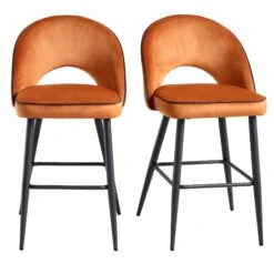Oakley Orange Velvet Counter Stools (Set of 2) – Curved Back with Contrast Piping & Tapered Metal Legs -Daals Store BCH 2155 ORANGE VEL 2P WB1