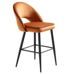 Oakley Orange Velvet Counter Stools (Set of 2) – Curved Back with Contrast Piping & Tapered Metal Legs -Daals Store BCH 2155 ORANGE VEL 2P WB4