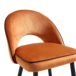 Oakley Orange Velvet Counter Stools (Set of 2) – Curved Back with Contrast Piping & Tapered Metal Legs -Daals Store BCH 2155 ORANGE VEL 2P detail1