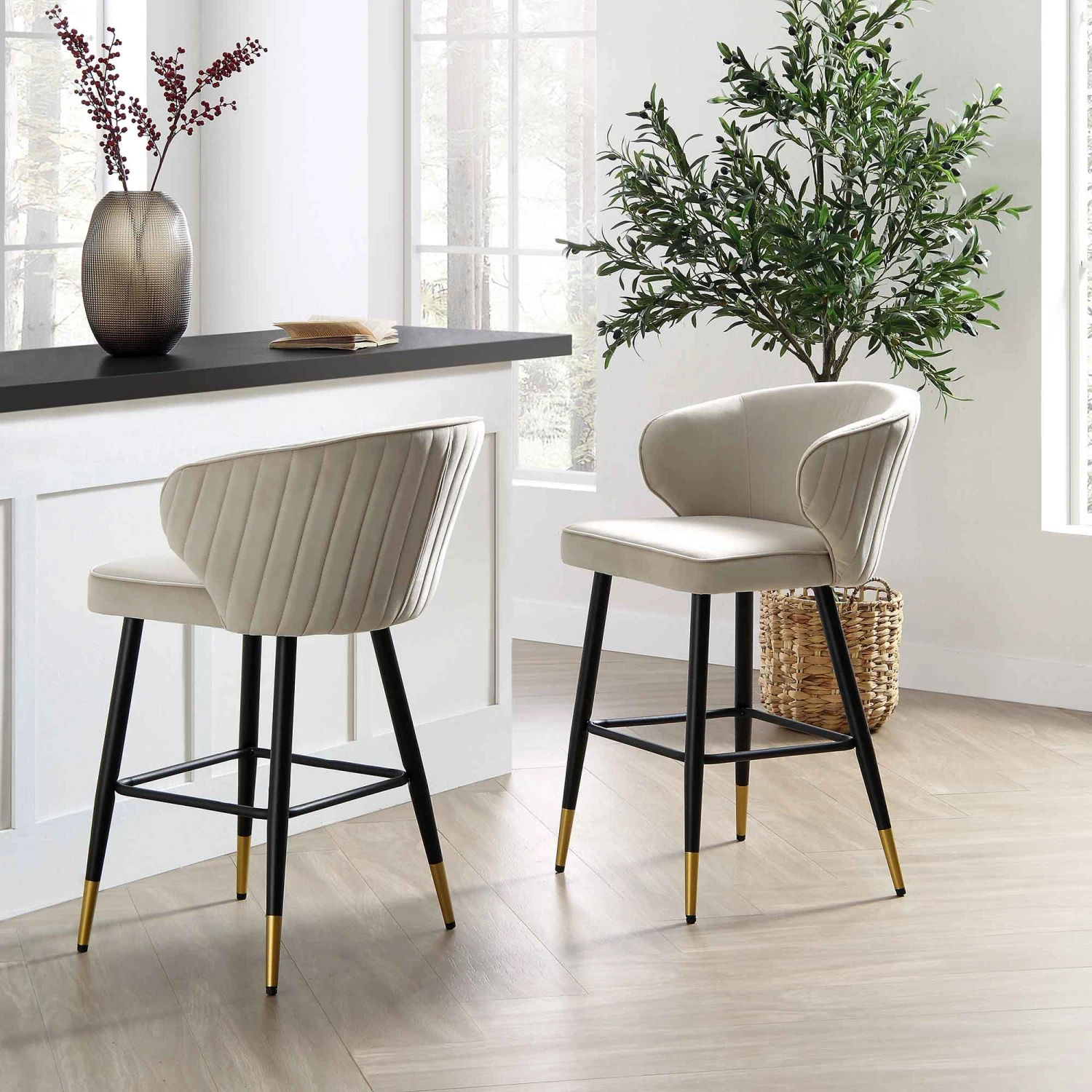 Langham Set Of 2 Champagne Velvet Upholstered Carver Counter Stools 1 Langham Set Of 2 Champagne Velvet Upholstered Carver Counter Stools