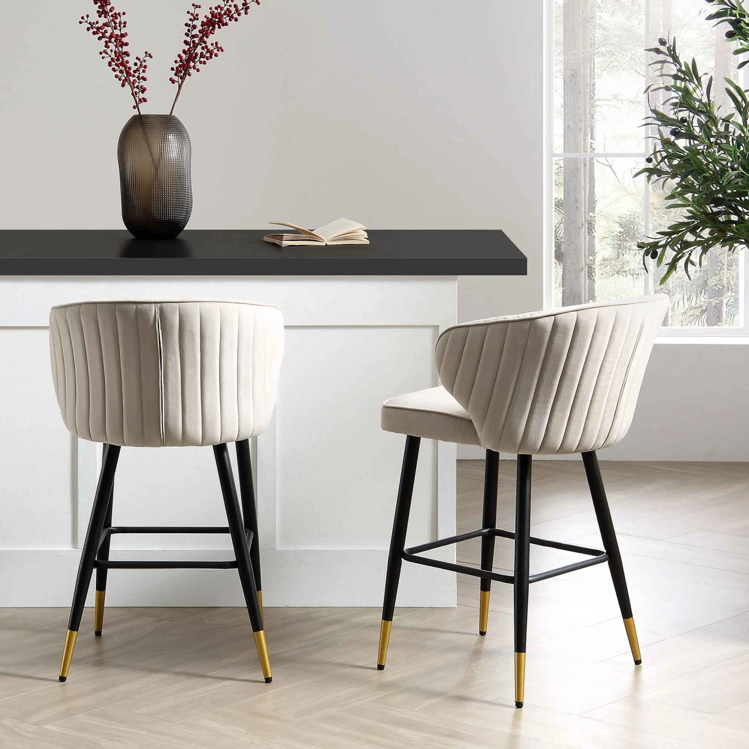 Langham Set Of 2 Champagne Velvet Upholstered Carver Counter Stools 2 Langham Set Of 2 Champagne Velvet Upholstered Carver Counter Stools - Image 2
