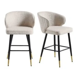 Langham Set of 2 Oatmeal Woven Fabric Carver Counter Stools - Fluted Back with Gold Tipped Legs -Daals Store BCH 2170 TAUPE WOV 2P WB1