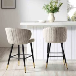 Langham Set of 2 Oatmeal Woven Fabric Carver Counter Stools - Fluted Back with Gold Tipped Legs -Daals Store BCH 2170 TAUPE WOV 2P scene1