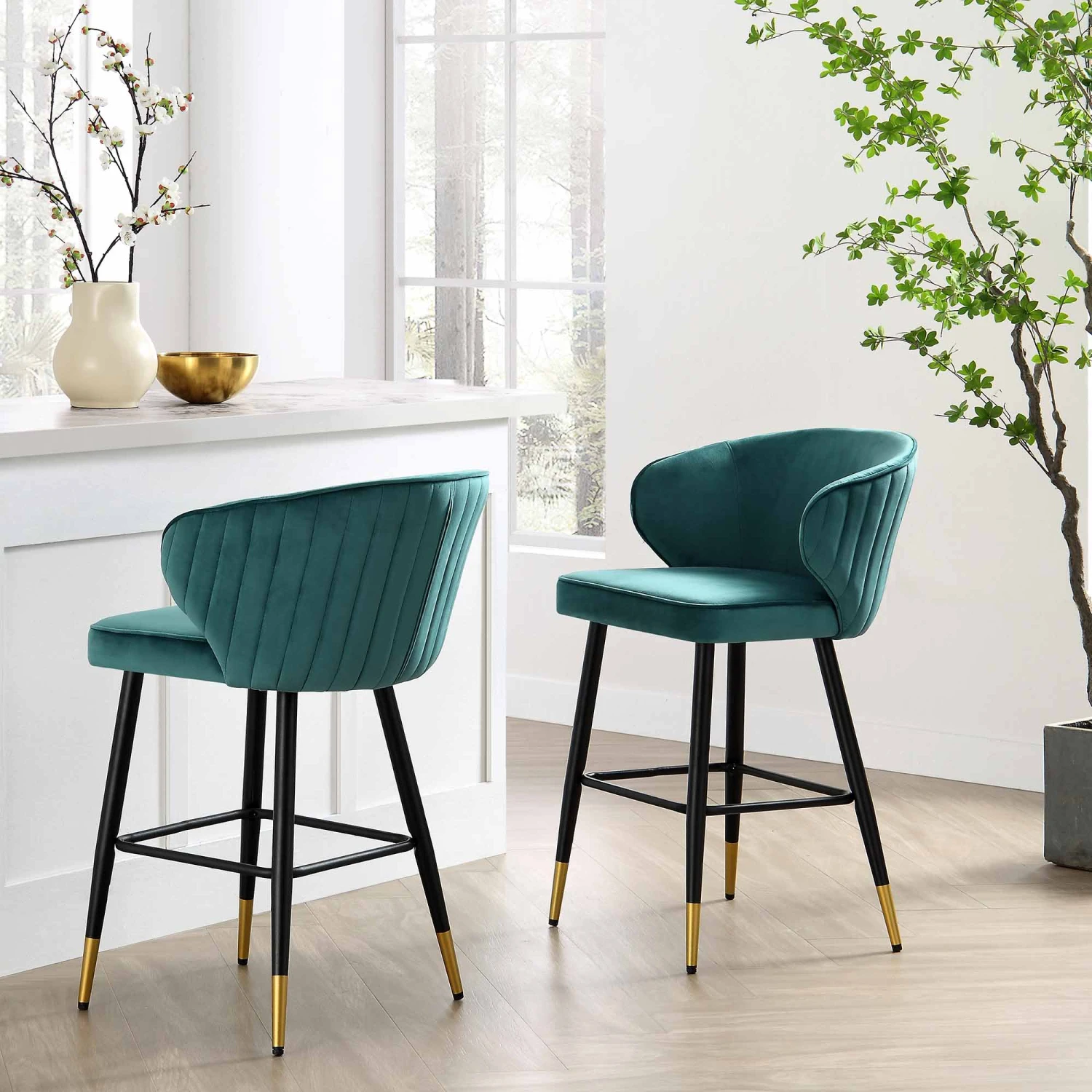 Langham Set Of 2 Teal Velvet Upholstered Carver Counter Stools 1 Langham Set Of 2 Teal Velvet Upholstered Carver Counter Stools