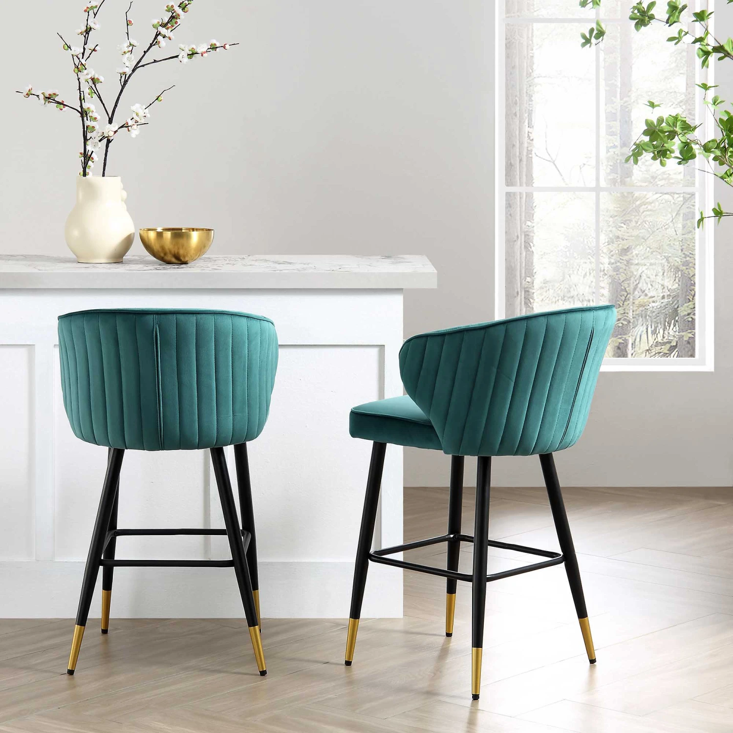 Langham Set Of 2 Teal Velvet Upholstered Carver Counter Stools 2 Langham Set Of 2 Teal Velvet Upholstered Carver Counter Stools - Image 2