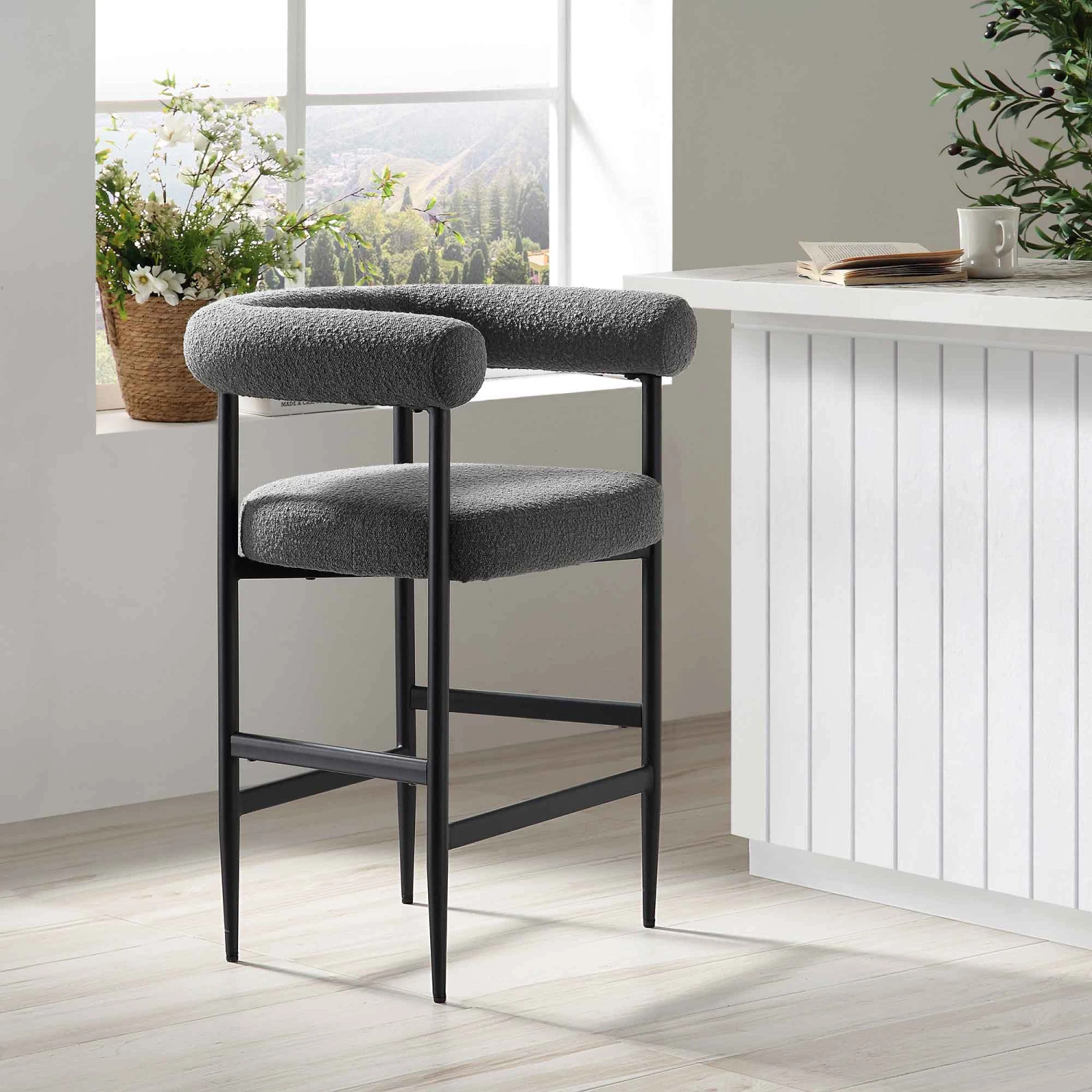 Fulbourn Charcoal Grey Boucle Counter Stool β Integrated Tubular Arm & Back with Black Metal Legs 1 Fulbourn Charcoal Grey Boucle Counter Stool β Integrated Tubular Arm & Back with Black Metal Legs
