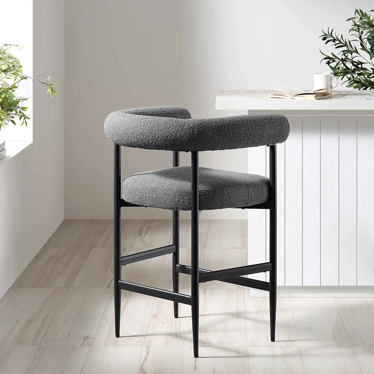 Fulbourn Charcoal Grey Boucle Counter Stool β Integrated Tubular Arm & Back with Black Metal Legs 2 Fulbourn Charcoal Grey Boucle Counter Stool β Integrated Tubular Arm & Back with Black Metal Legs - Image 2