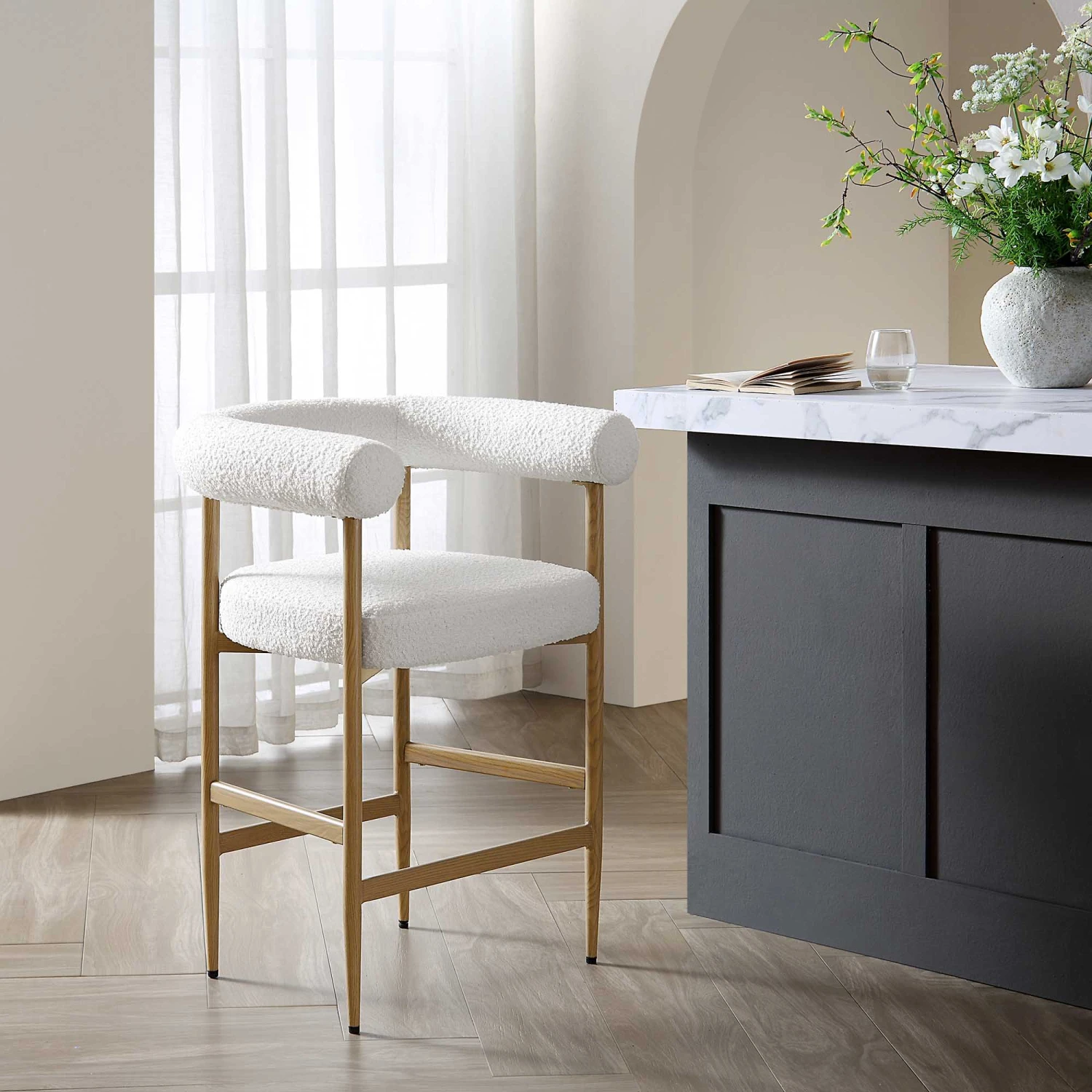 Fulbourn White Boucle & Natural Wood Effect Counter Stool - Modern Tubular Back Dining Chair 1 Fulbourn White Boucle & Natural Wood Effect Counter Stool - Modern Tubular Back Dining Chair