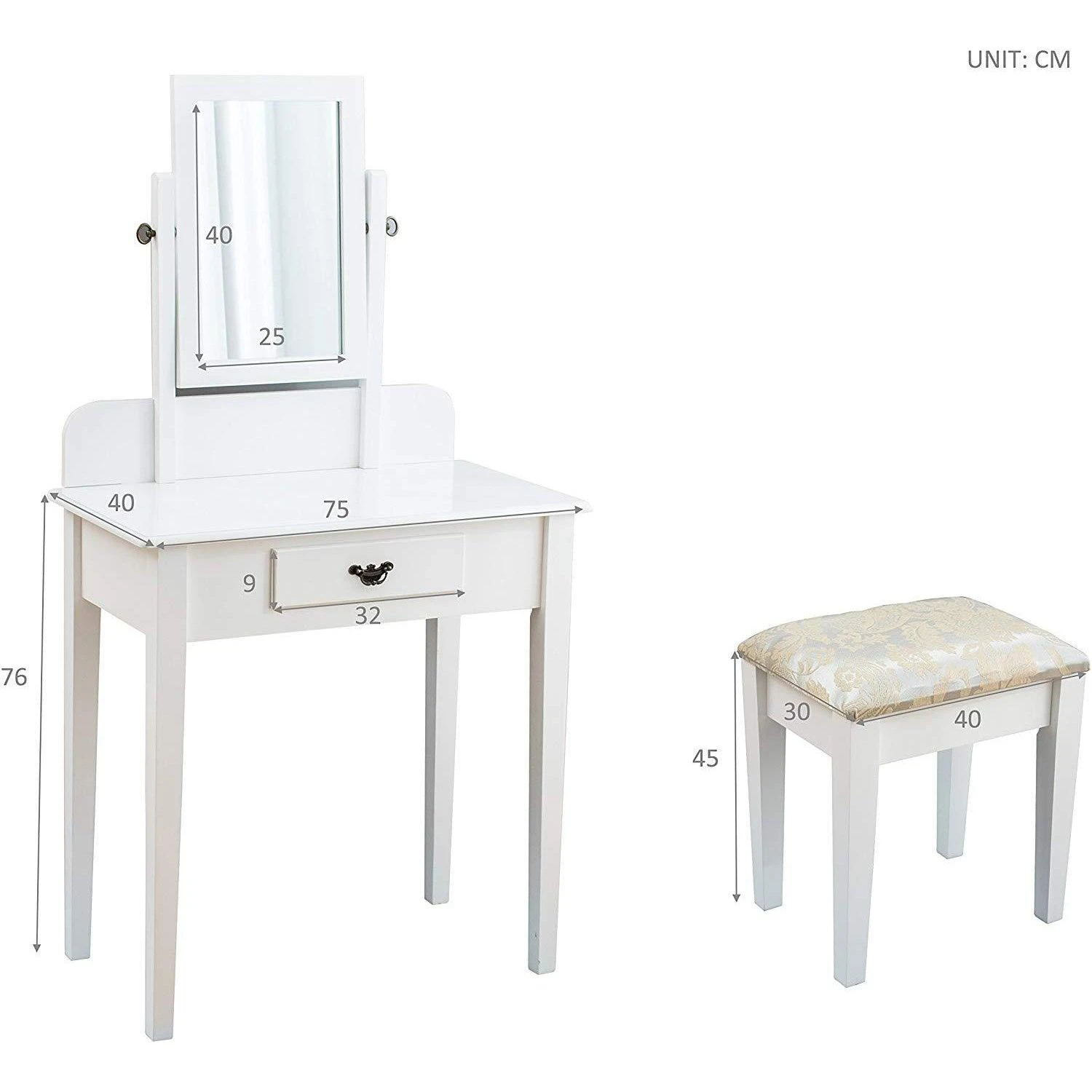 1-Drawer White Dressing Table With Stool & Single Square Mirror 9 1-Drawer White Dressing Table With Stool & Single Square Mirror - Image 9