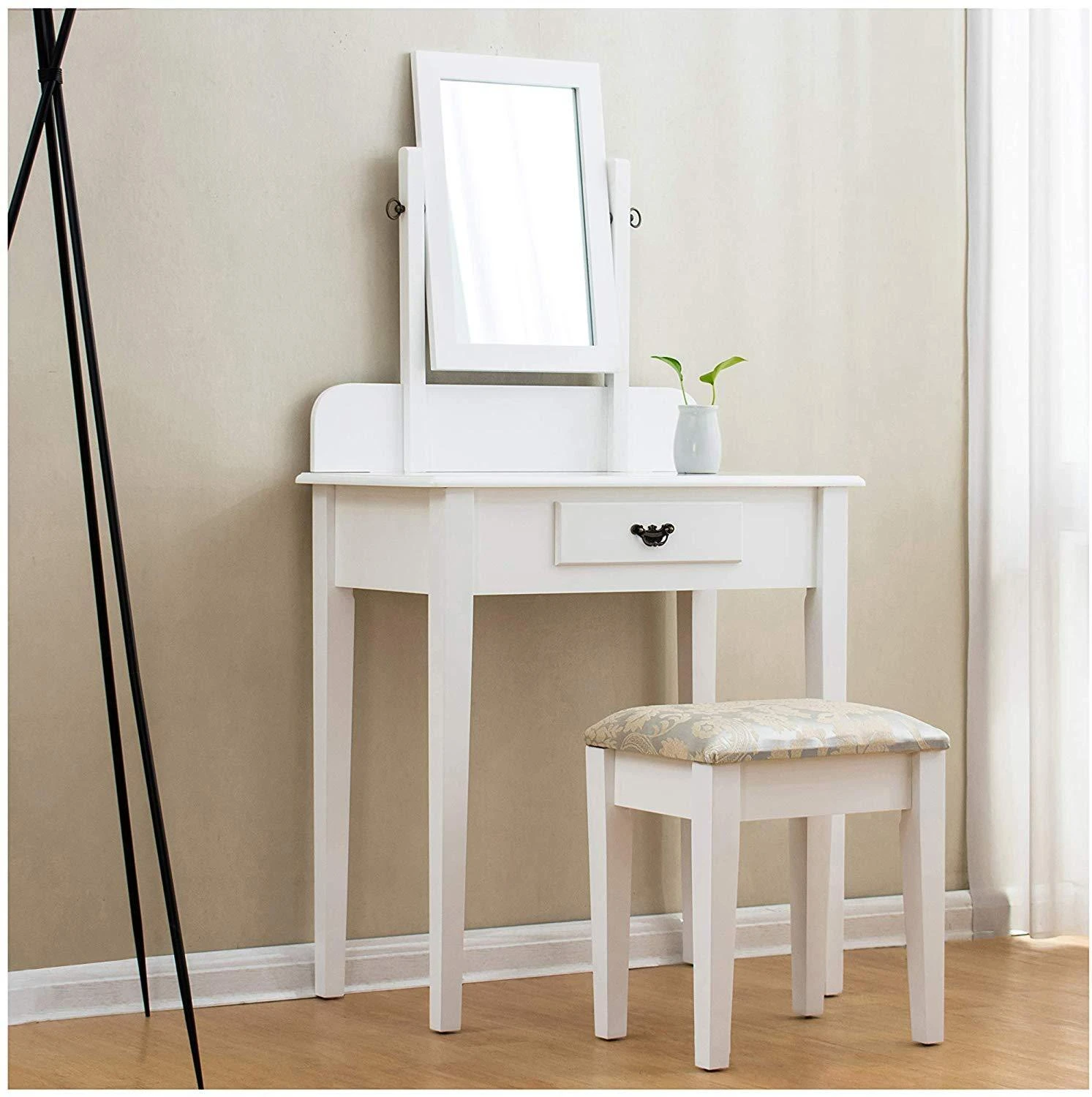 1-Drawer White Dressing Table With Stool & Single Square Mirror 1 1-Drawer White Dressing Table With Stool & Single Square Mirror