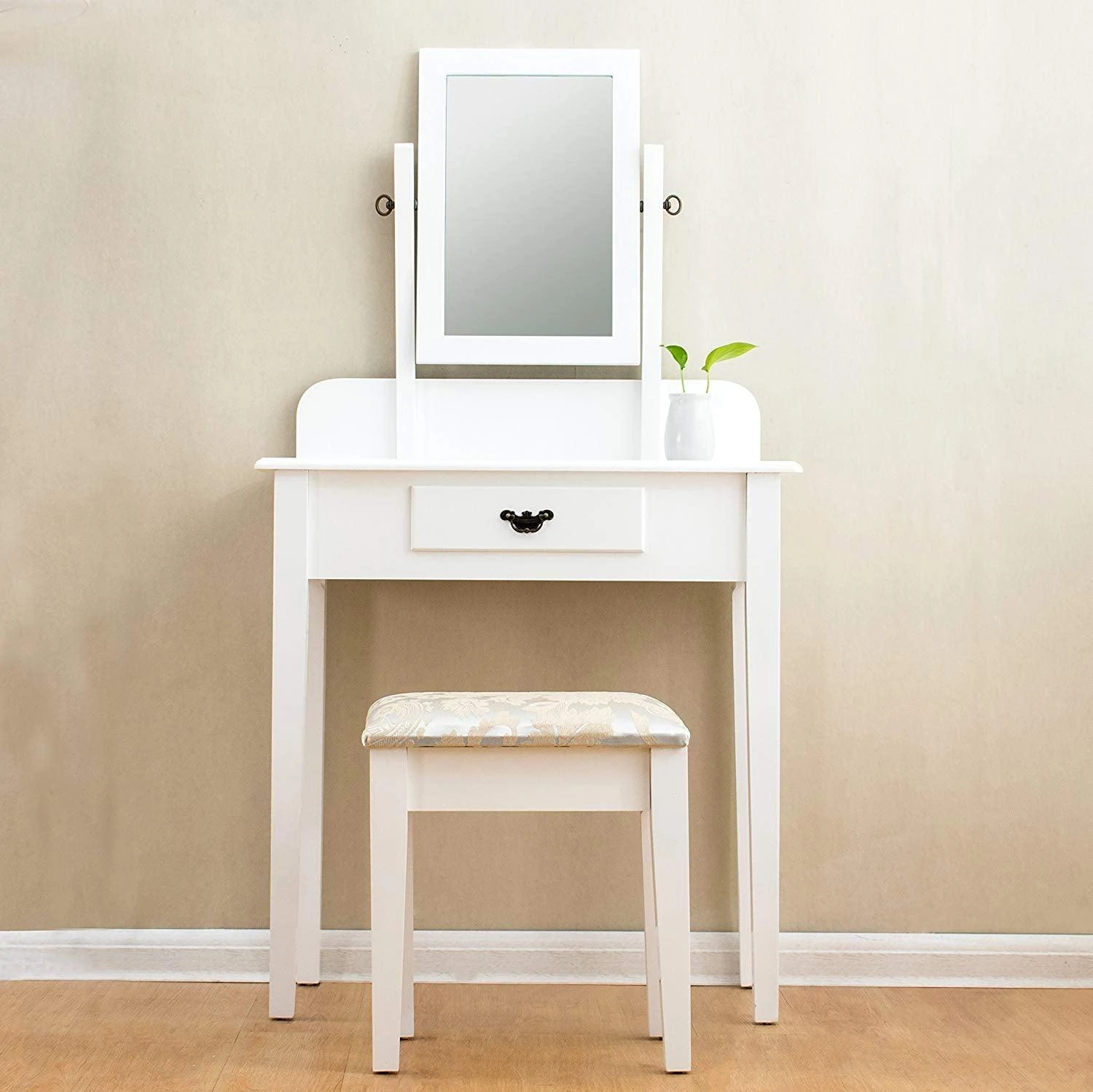 1-Drawer White Dressing Table With Stool & Single Square Mirror 2 1-Drawer White Dressing Table With Stool & Single Square Mirror - Image 2