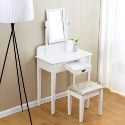 1-Drawer White Dressing Table With Stool & Single Square Mirror 11 1-Drawer White Dressing Table With Stool & Single Square Mirror -Daals Store BF021WHITE scene2