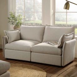 Byron Pillow Edge Beige Fabric Modular Sofa, 2-Seater