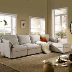 Byron Pillow Edge Beige Fabric Modular Sofa, 4-Seater Chaise