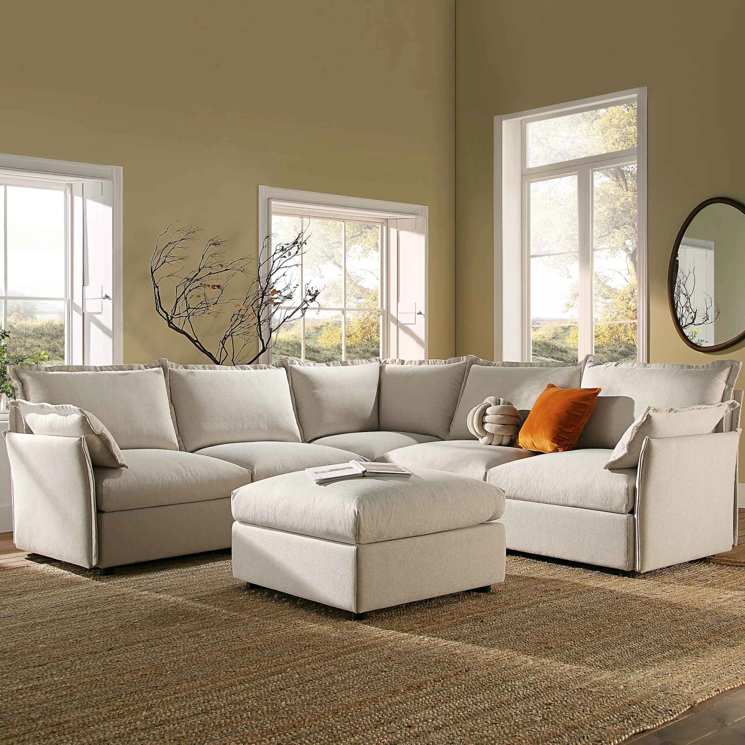 Byron Pillow Edge Beige Fabric Modular Sofa, 5-Seater Corner & Stool Set 1 Byron Pillow Edge Beige Fabric Modular Sofa, 5-Seater Corner & Stool Set