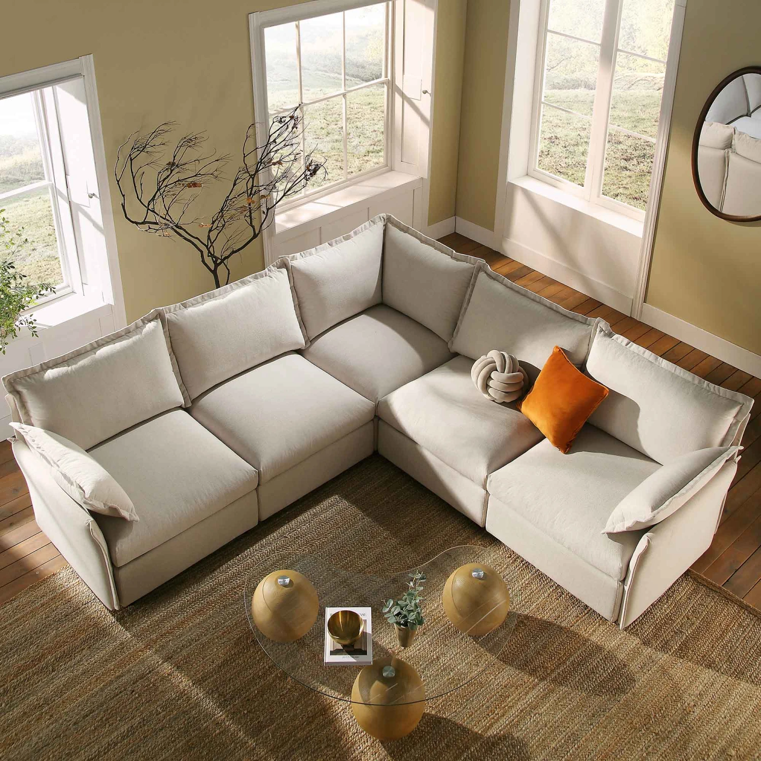 Byron Pillow Edge Beige Fabric Modular Sofa, 5-Seater Corner 2 Byron Pillow Edge Beige Fabric Modular Sofa, 5-Seater Corner - Image 2