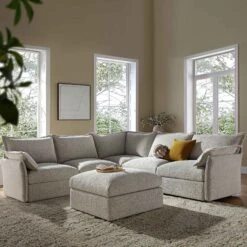 Byron Pillow Edge Mist Grey Boucle Modular Sofa, 5-Seater Corner & Stool Set