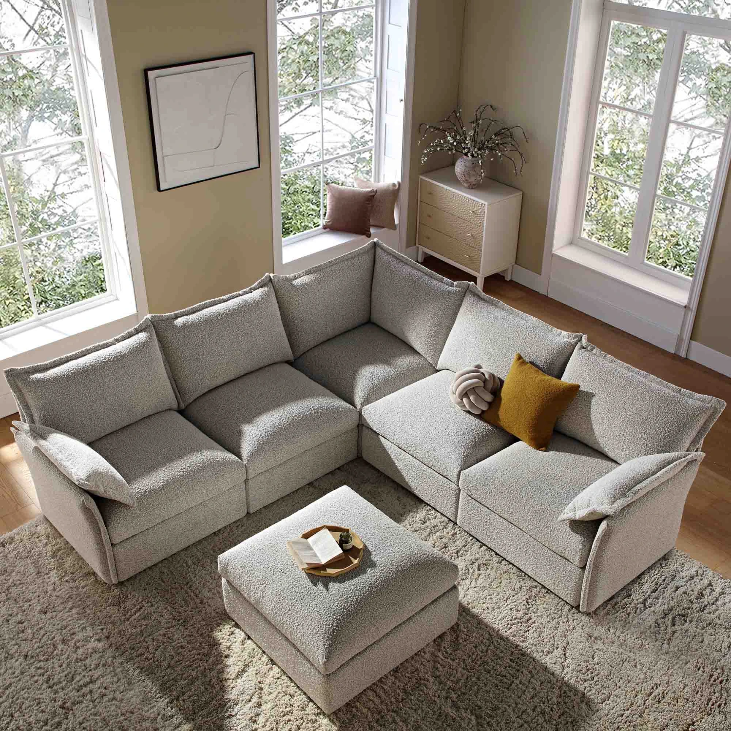 Byron Pillow Edge Mist Grey Boucle Modular Sofa, 5-Seater Corner & Stool Set 2 Byron Pillow Edge Mist Grey Boucle Modular Sofa, 5-Seater Corner & Stool Set - Image 2