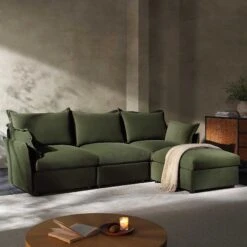Byron Pillow Edge Moss Green Velvet Modular Sofa, 3-Seater Chaise