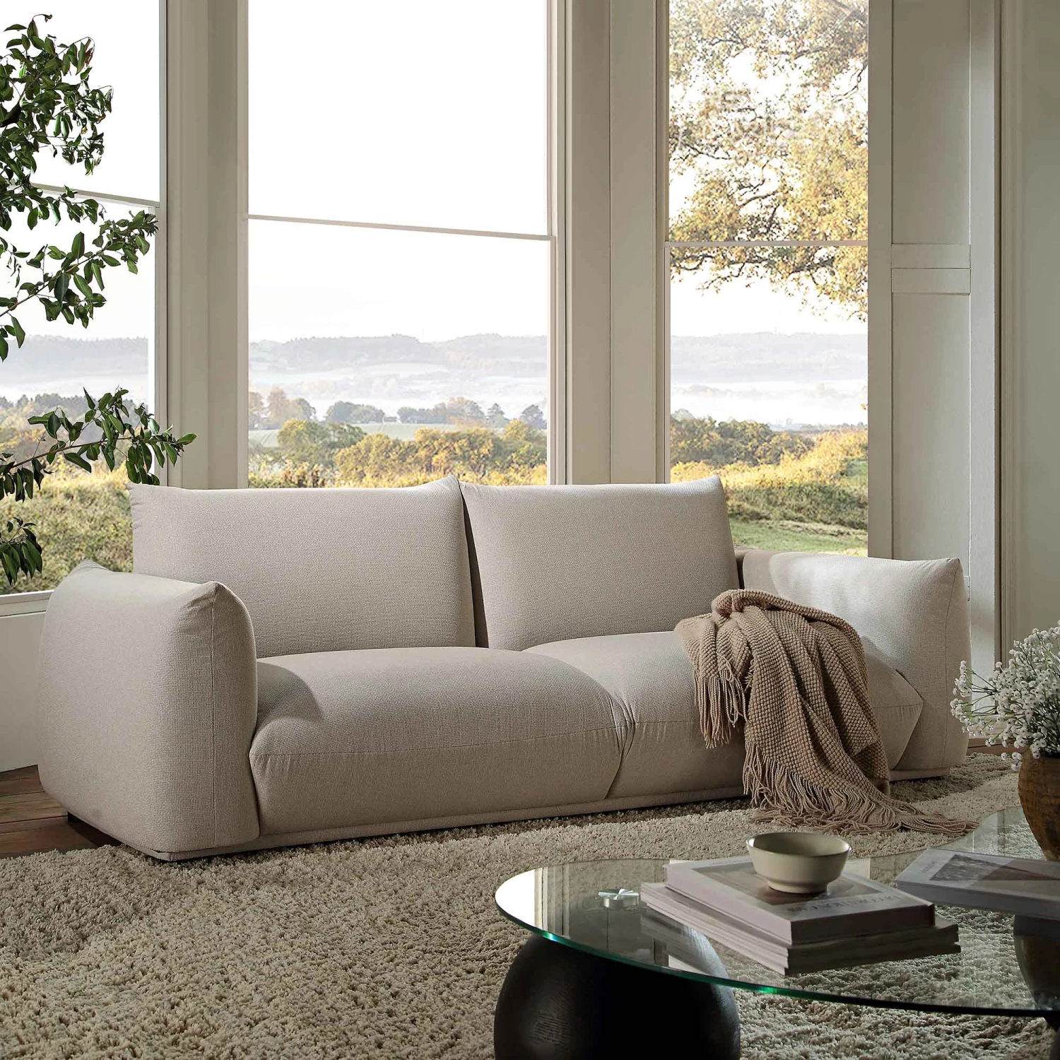 Gianni Three Seater Sofa, Beige Woven Fabric 2 Gianni Three Seater Sofa, Beige Woven Fabric - Image 2