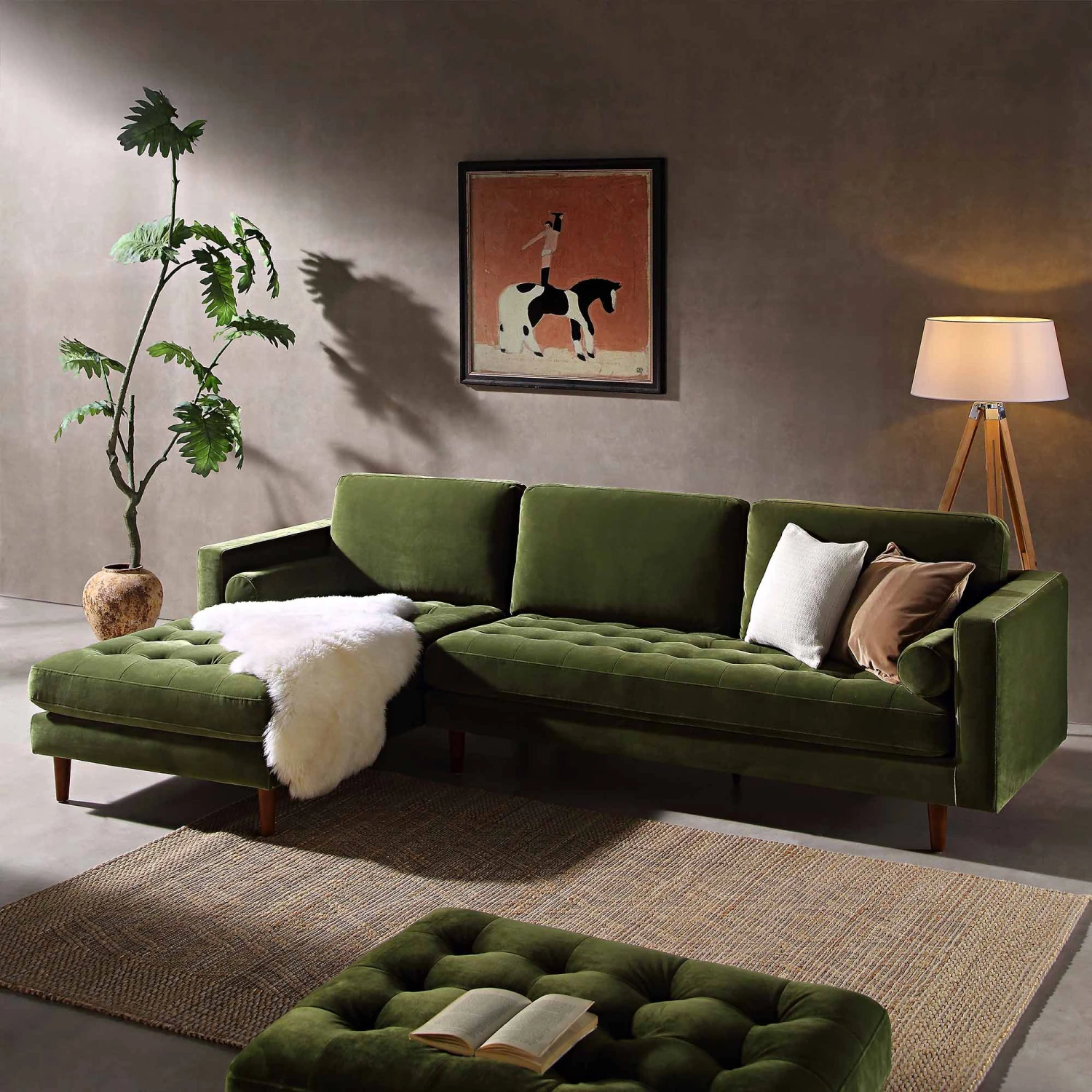 Henrietta Moss Green Velvet Grand 4-Seater Chaise End Sofa, Left Hand Facing 1 Henrietta Moss Green Velvet Grand 4-Seater Chaise End Sofa, Left Hand Facing