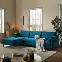 Henrietta Teal Velvet Grand 4-Seater Chaise End Sofa, Left Hand Facing