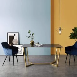 SIERRE 6 Seater Dark Oak Dining Table β Industrial Gold Geometric Metal Legs 9 SIERRE 6 Seater Dark Oak Dining Table β Industrial Gold Geometric Metal Legs -Daals Store BSD 001 DARKOAK scene1