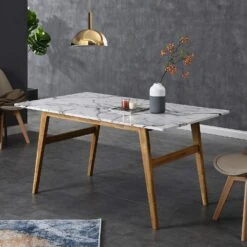 ASCONA White Marble Effect 6-Seater Dining Table – Contemporary Solid Oak Legs