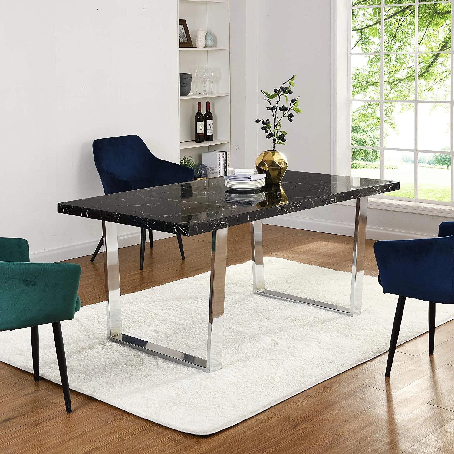 BIASCA 6-Seater High Gloss Marble Effect Dining Table With Silver Chrome Legs Black 1 BIASCA 6-Seater High Gloss Marble Effect Dining Table With Silver Chrome Legs Black