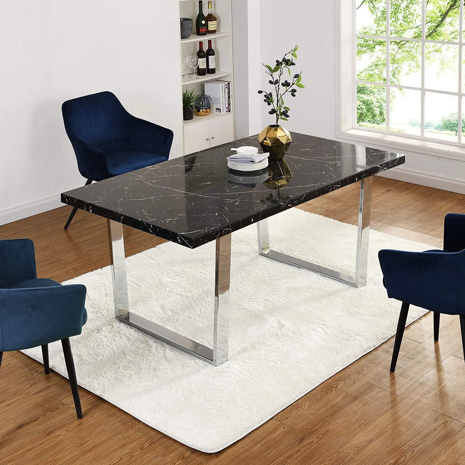BIASCA 6-Seater High Gloss Marble Effect Dining Table With Silver Chrome Legs Black 2 BIASCA 6-Seater High Gloss Marble Effect Dining Table With Silver Chrome Legs Black - Image 2