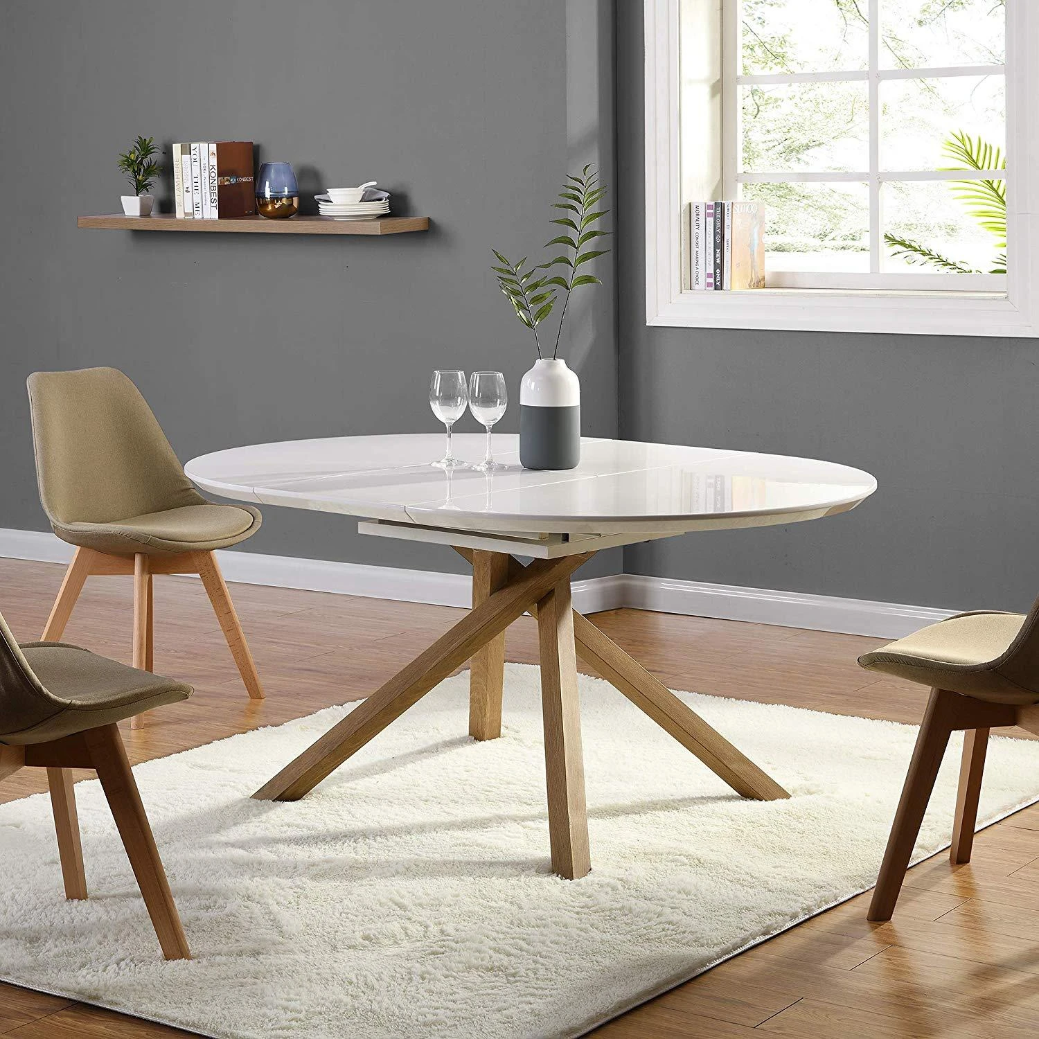 Grenchen White High Gloss Extendable Dining Table β 4 to 6 Seater Round to Oval with Wood Effect Legs 1 Grenchen White High Gloss Extendable Dining Table β 4 to 6 Seater Round to Oval with Wood Effect Legs