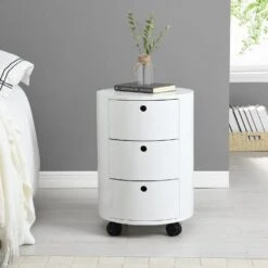 DOLIO Drum Chest Bedside Table, Barrel Side Table With Drawers High Gloss White 3 Drawer